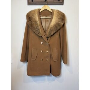 Fashionbilt Wool Pea Coat Genuine Fur Collar Double Breasted Camel Brown Women M